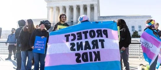 Protestors hold transgender flags